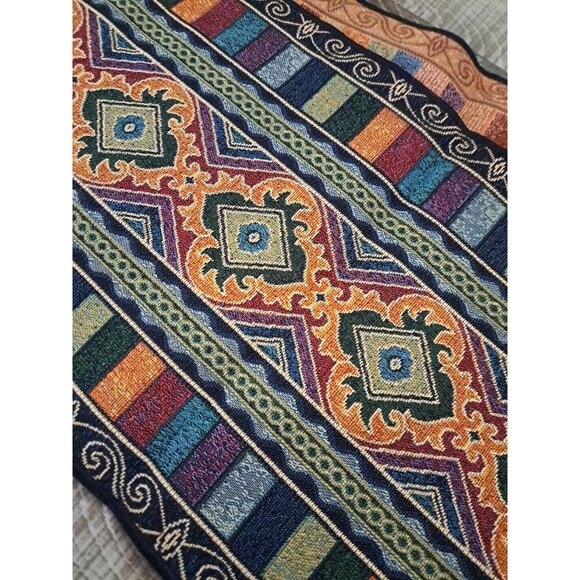 Colorful Tapestry Table Runner Pointed Tassel Abstract Striped Vibrant 13x72 - Picture 2 of 5